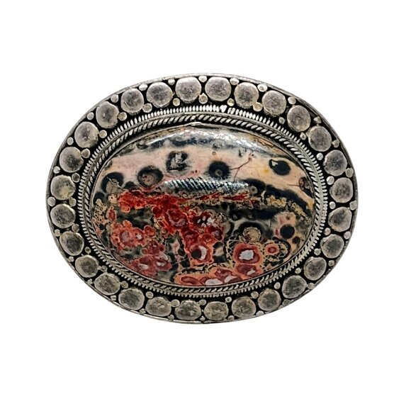 Vtg 925 Sterling Silver Leopard Jasper Brooch Pendant Picture Stone Red Brown - Picture 2 of 9